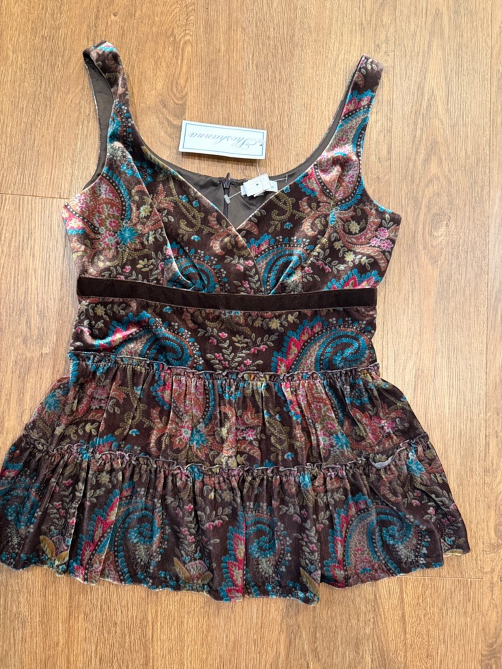 Shoshanna Brown Velvet Paisley Tank with Teal and Pink Accents - Picture 2 of 5